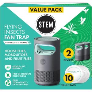 imageSTEM Flying Insect Fan Trap for Indoor Bug Control Attracts Mosquitoes Fruit Flies and House Flies Plugin Fan with UV Light Starter Kit Includes 1 Device and 5 Glue Traps2 Devices  10 Glue Traps