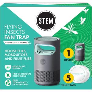 imageSTEM Flying Insect Fan Trap for Indoor Bug Control Attracts Mosquitoes Fruit Flies and House Flies Plugin Fan with UV Light Starter Kit Includes 1 Device and 5 Glue Traps1 Device  5 Glue Traps