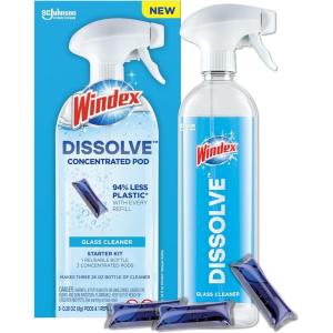 imageWindex Dissolve Concentrated Pods Glass Cleaner Starter Kit contains 1 Reusable Bottle 3 Concentrated Dissolvable Pod